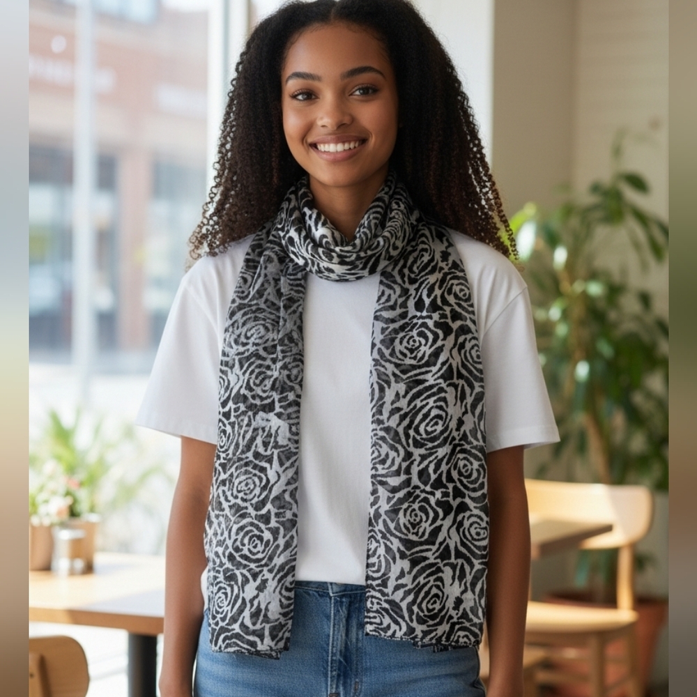 Elegant Black and White Rose Pattern Scarf